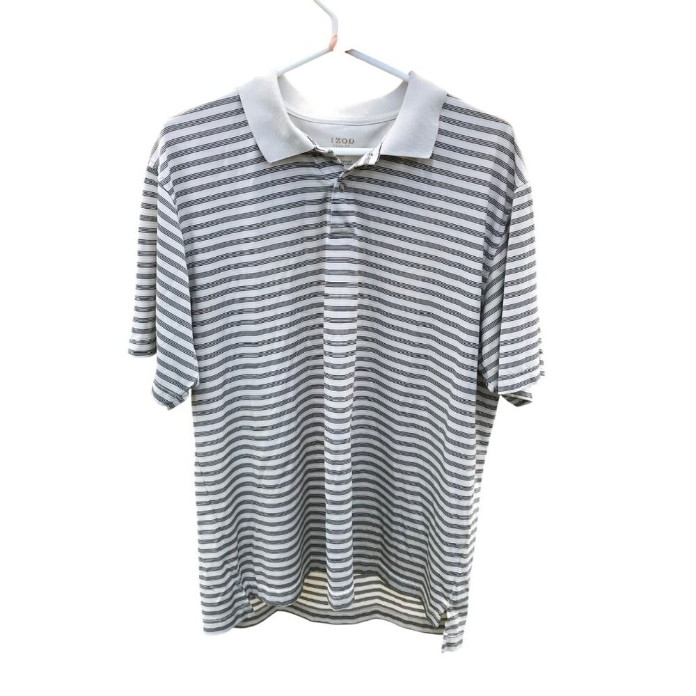 Izod Polo Shirt Mens Cool FX Striped Size L Gray & White Golf Polyester